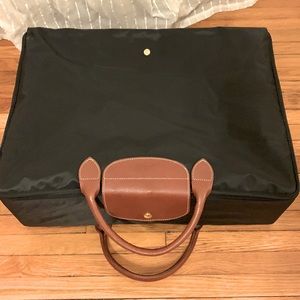 Longchamp Les Pilages foldable “Valise” weekend bag. Black with brown leather.